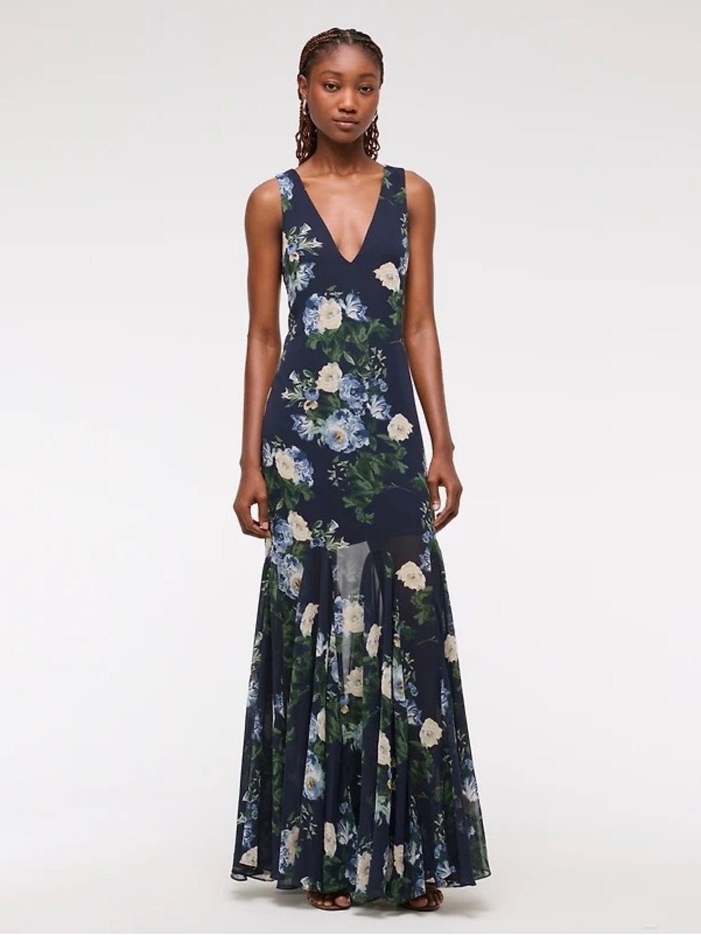 Abercrombie & Fitch Navy Floral V-Neck Maxi Dress with Blue & Cream Blooms